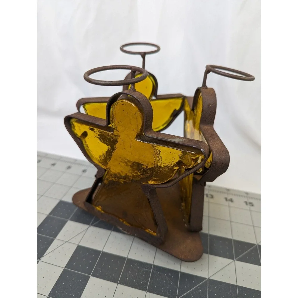 Glass‎ Metal Angel Candle Holder Primitive 7 Inch Tall